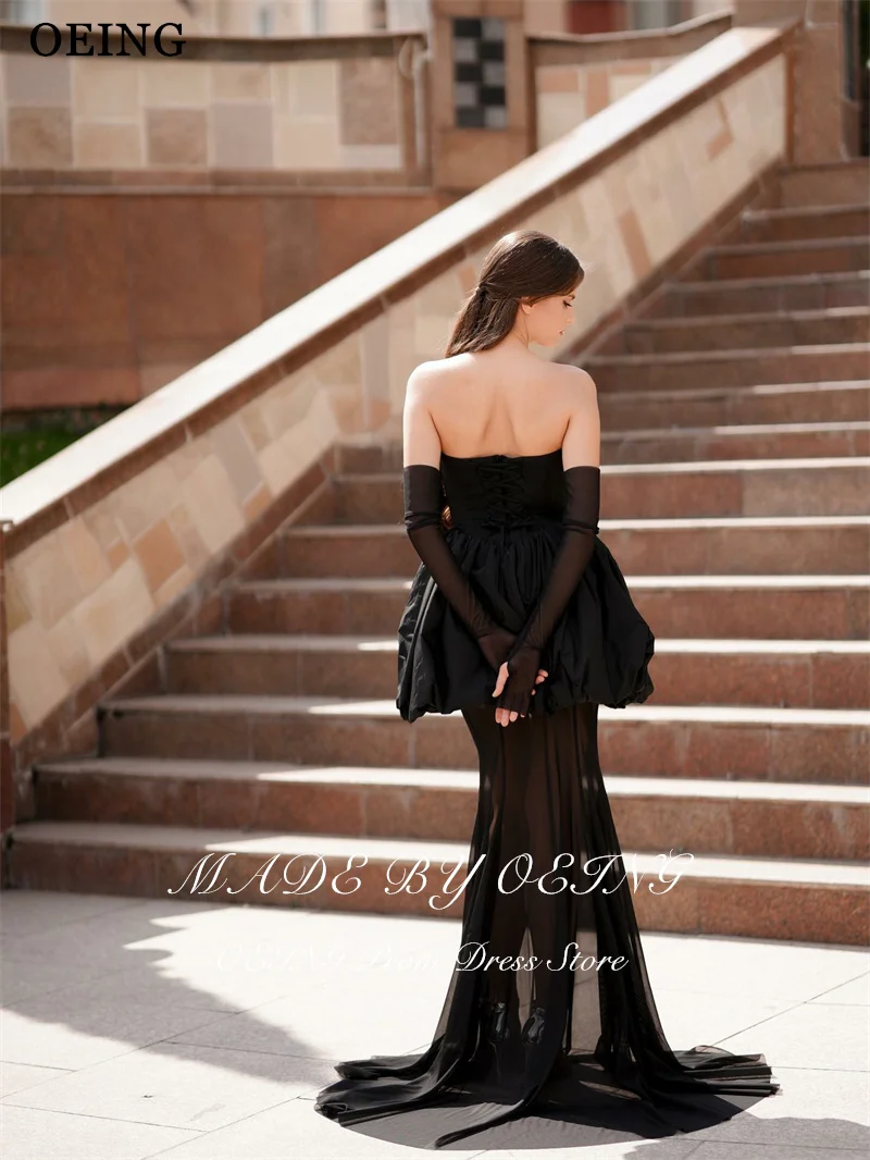 OEING Classic A-Line Black Prom Dresses Strapless Puff Half Sleeves Party Gowns Floor Length Evening Dresses 2025 Customized