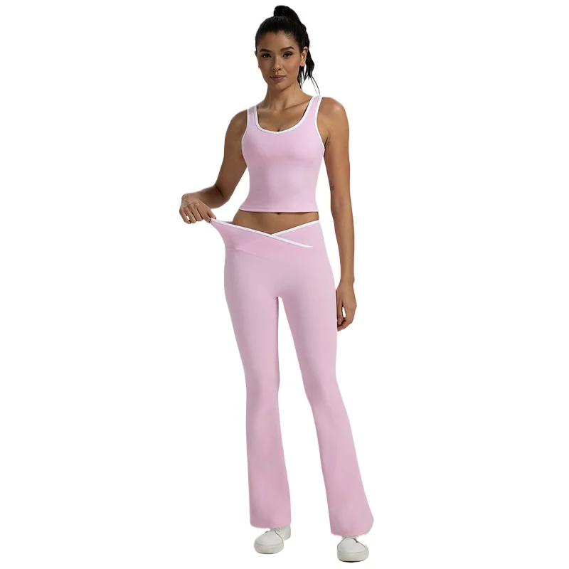 

Mileegirl 2 Pieces Women Yoga Sets Built-in Pads Sports Vest Flared Gym Tights Quick Dry Color Contrast Pilates Soft Active Sets