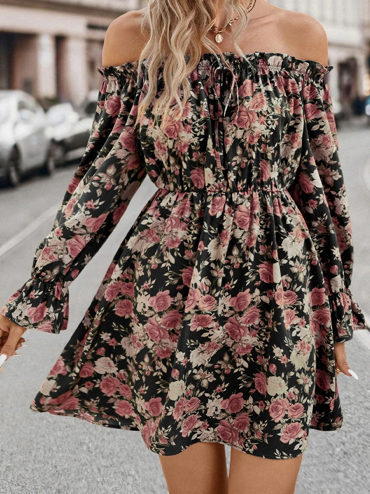 

Vintage Short Dresses Women Boho Floral Print Dress Female Summer Long Sleeve Dress Ladies Elegant Fashion Slash Neck Vestidos