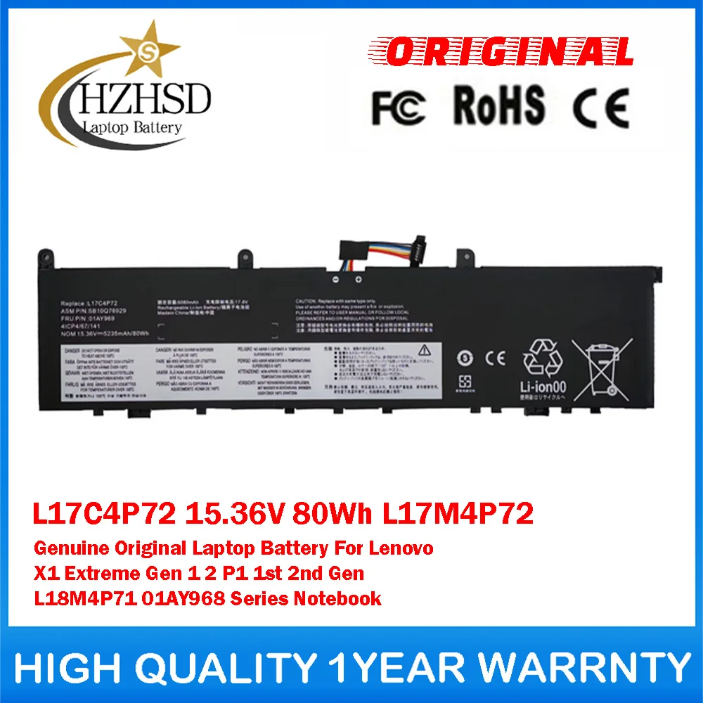 

L17C4P72 15.36V 80Wh L17M4P72 Genuine Original Laptop Battery For Lenovo X1 Extreme Gen1 2 P1 1st 2nd Gen L18M4P71 01AY968Series