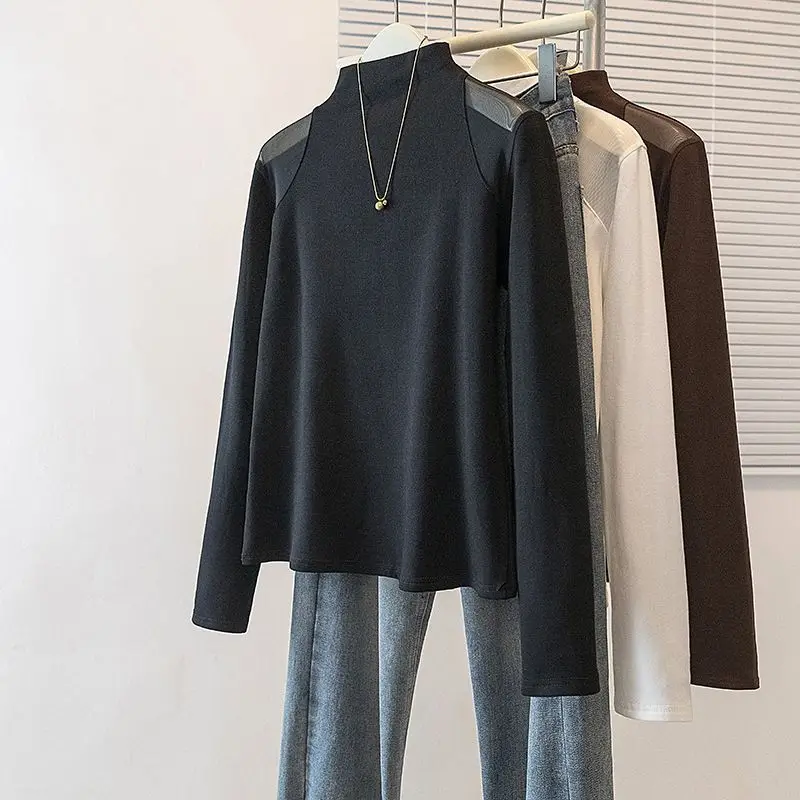 

Лоскутные топы с длинными рукавами больших размеров, однотонные, простые, повседневные футболки, весенне-осенняя модная тенденция, женская одежда, новинка