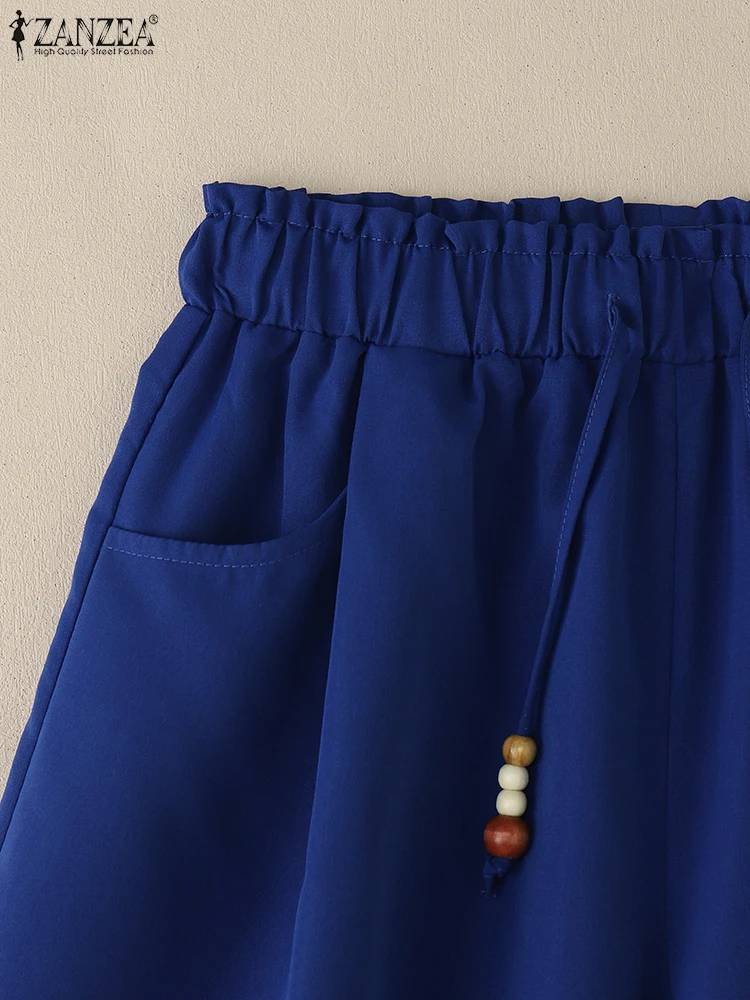 ZANZEA Woman Loose Wide-Leg Shorts 2025 Summer Casual Beaded Elastic High Waist A-Line Short Pants Day Wear Solid Color Bottoms