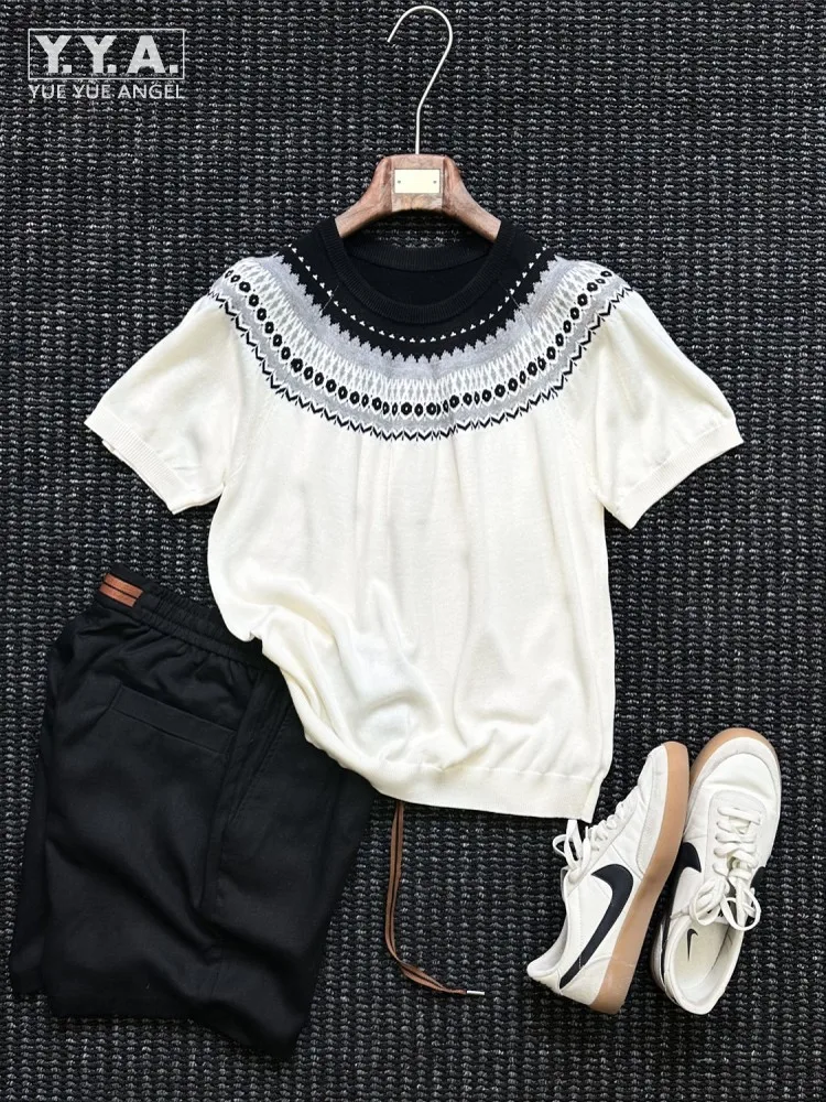 

Vintage Summer Men Comfortable O Neck Embroidery Knitted Tops Breathable Short Sleeve T-Shirt Knitwear Business Casual Pullover