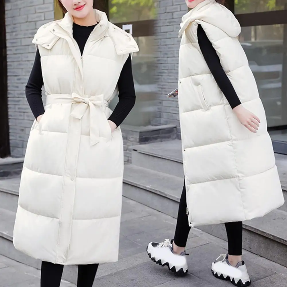 Autumn Winter Cotton Padded Vest Coat Women Long Down Waistcoat Windproof Hooded Warm Snow Waistcoat Outwear Шляпник 후드 조끼