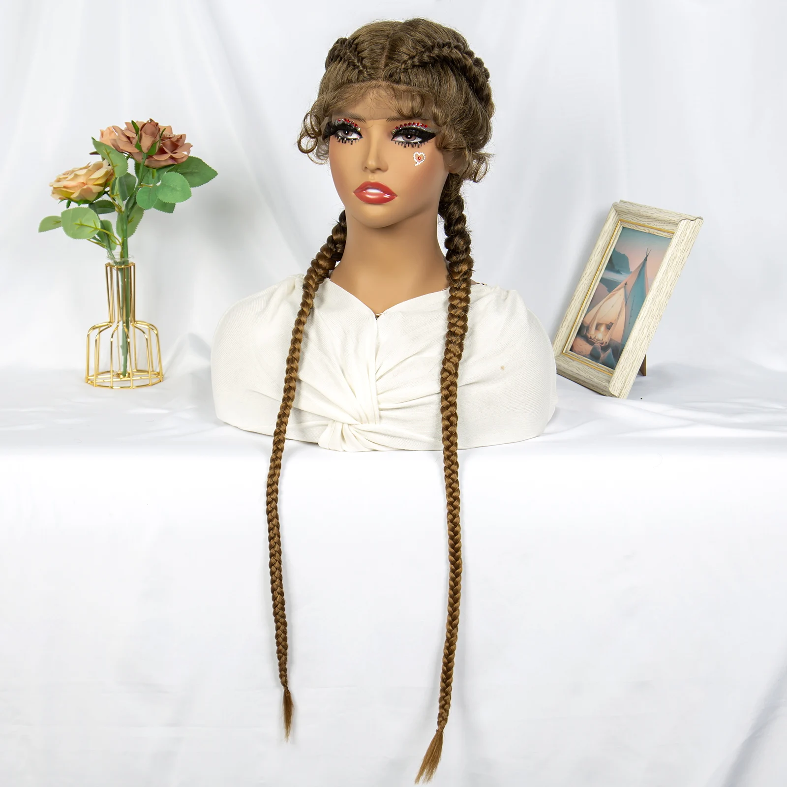 Bruine synthetische gevlochten pruiken Cornrow vlechten pruiken voor vrouwen Lace Front 36 inch kant pruiken met babyhaar synthetisch kant frontaal