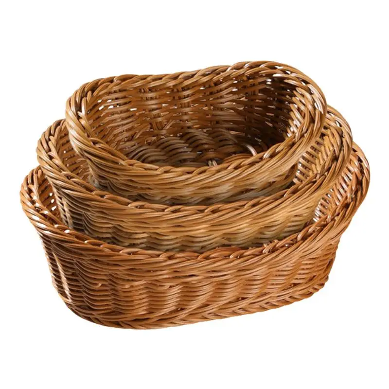 

Oval Bread Serving Basket 3X Snack Storage Containers Imitation Rattan Basket For Fruit Bread Vegetable Towel Home Restaurant
