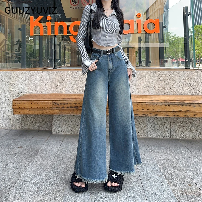 GUUZYUVIZ-Women's Vintage Ankle-Length Denim Pants, Wide Leg Pants, Loose Tassle, Washed Blue Baggy Jeans, Korean Fashion, Y2k