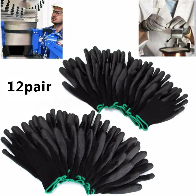 Hand Protect Work Gloves Knit cuffs Nylon PU Coated S/M/L Safety 12 Pairs Antiskid Black Dust-proof Carpenters