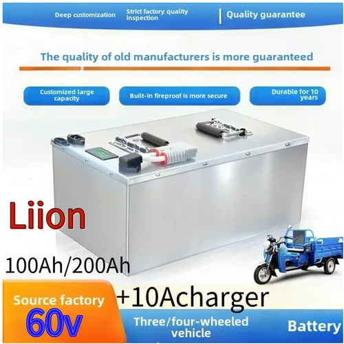 Batterie lithium-ion 60V 100Ah 110Ah 120Ah 150Ah 180Ah 200Ah, avec BMS intégré et chargeur 10A