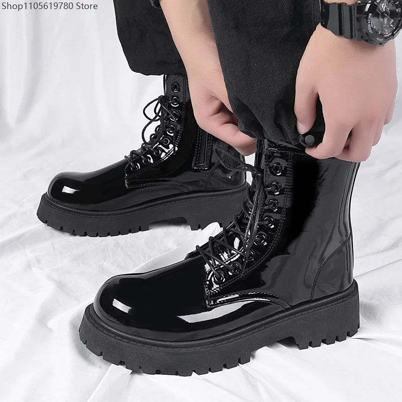 Men's Glossy High‑Top Work Ankle Boots British Style Plus Size Thick Sole Height‑Increase Lace‑Up Cosplay Costume Footwear