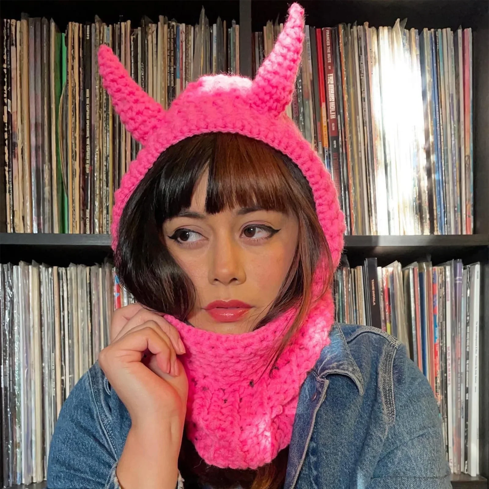 Devil Horn Ears Halloween Knit Balaclava Mask Winter Warm Beanie Cap for Women Fashion Party Costume Funny Christmas Gift Idea