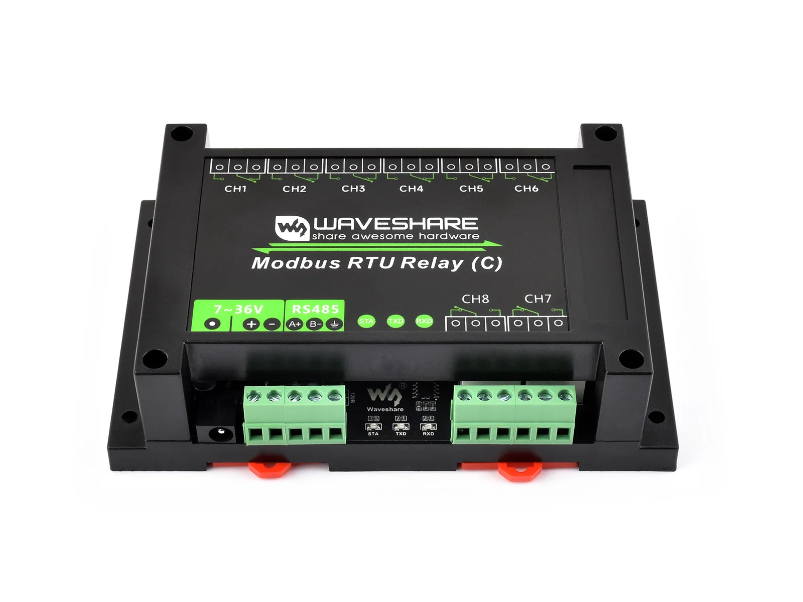 Modbus RTU 8-ch Latching Relay Module (C) with RS485 Interface, Multi Isolation Protection Circuits, Rail-mounted Case
