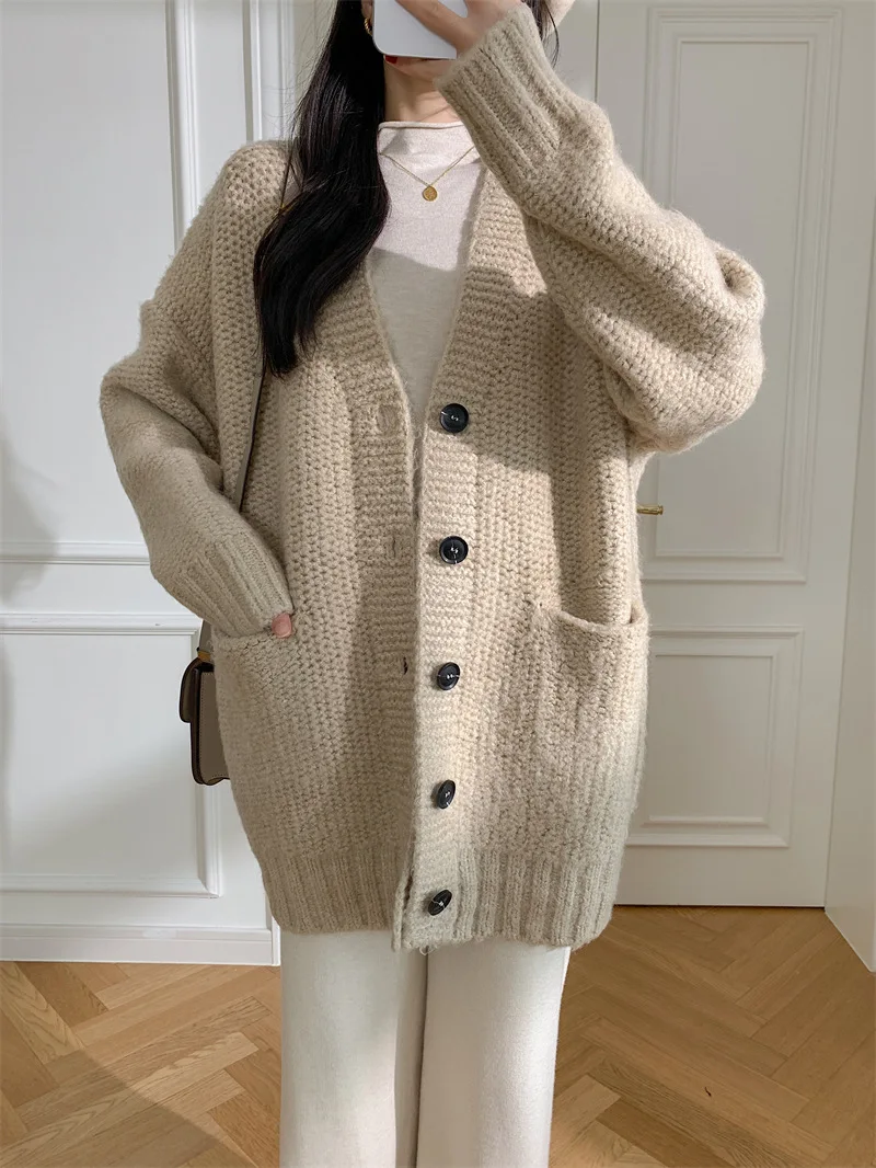 

Knitted Cardigan Sweater Women Solid Mid Length Jumper Button Pocket V Neck Long Sleeve Single Breasted Casual Thick 2025 Autumn