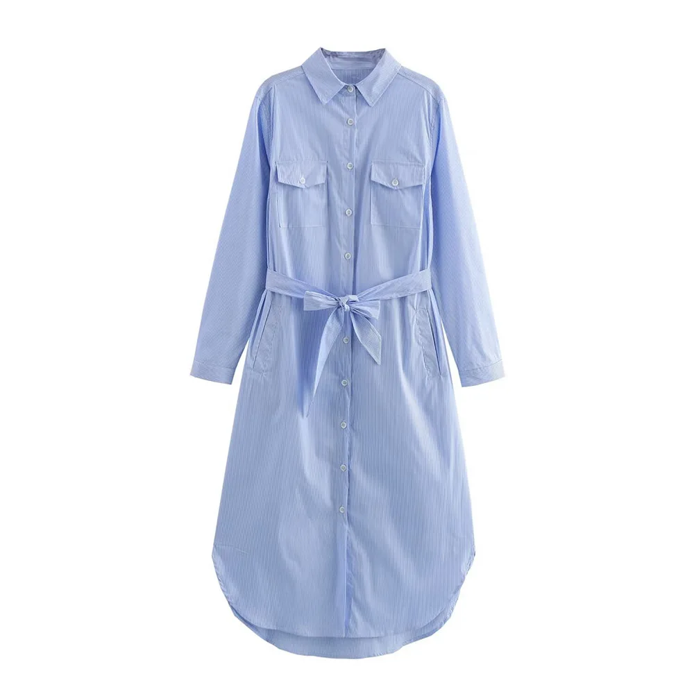 Sukienki 2025 Women Summer Fashion Long Sleeve Mid Dress Casual Loose Elegant Lace Up Stripe Design Office Women Shirt Dresses ﻿
