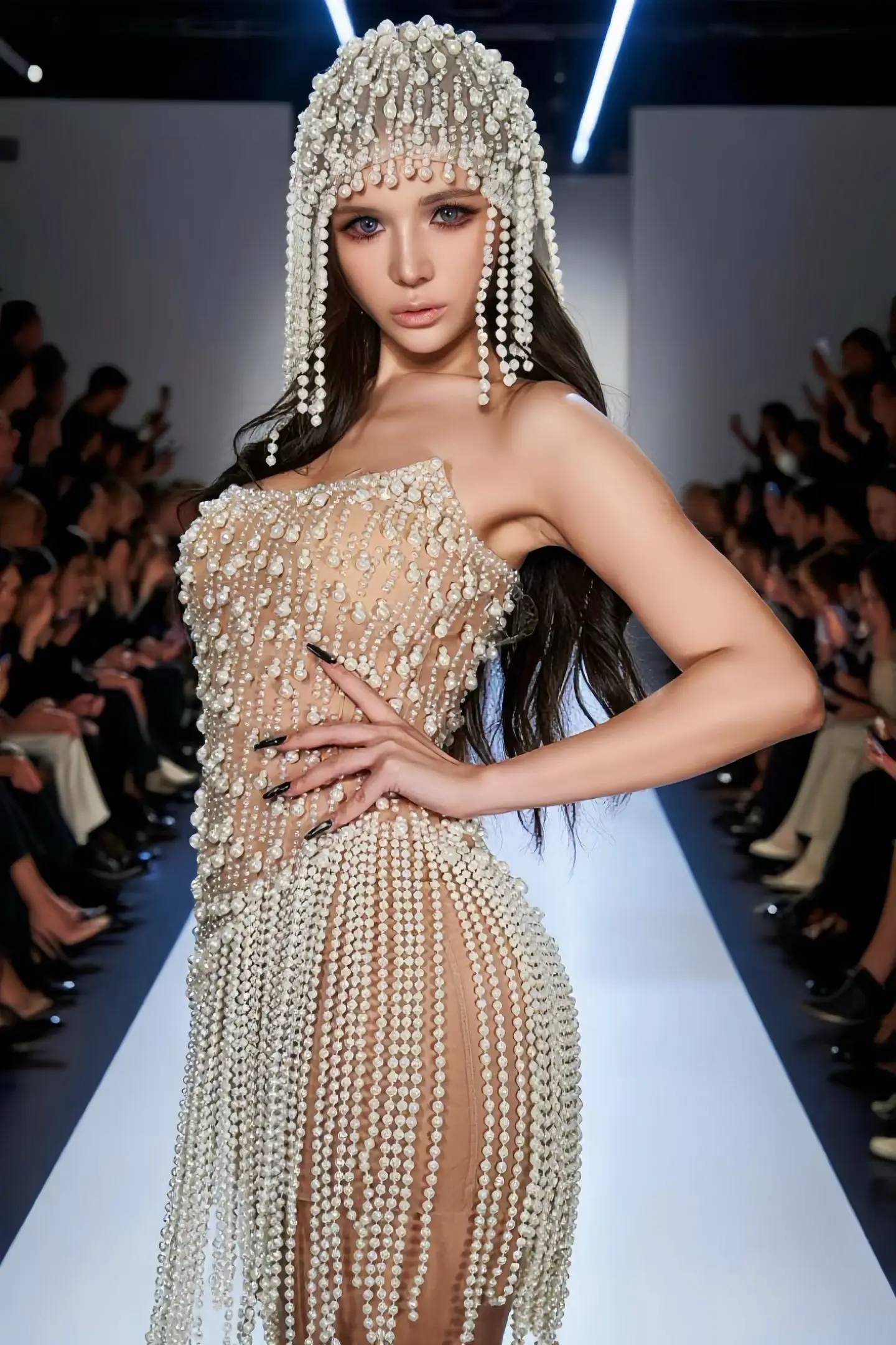 Zhusanjiao Fashion Pearl Strapless Dress Sexy Bar Perspective Mesh Tassel Performance Dress Prom Birthday Cocktail Birthday Gown