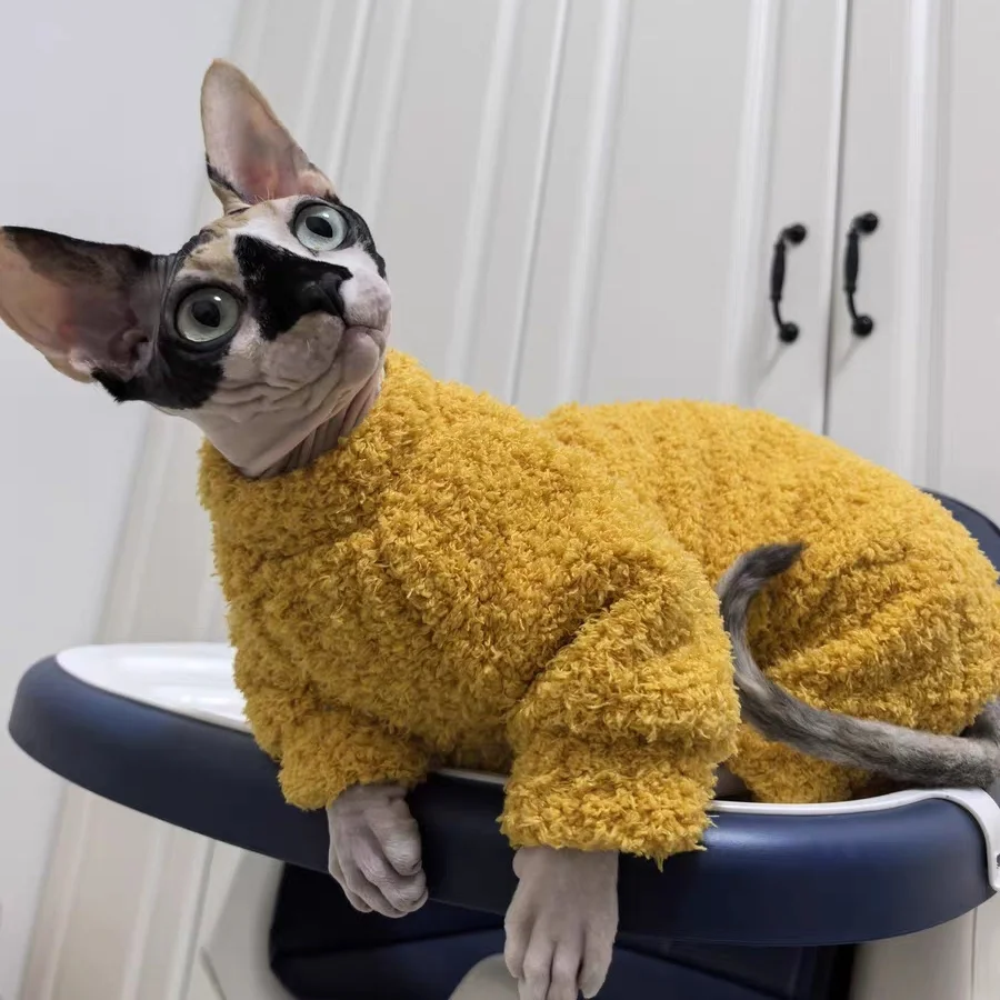 Winterwarmer 4-beiniger Plüsch-Sweatshirt-Hutanzug für Devon Rex im Winter, weicher gelber roter Pullover für Sphynx-Katze, Kätzchen, Khaki-Mantel – Detail 7