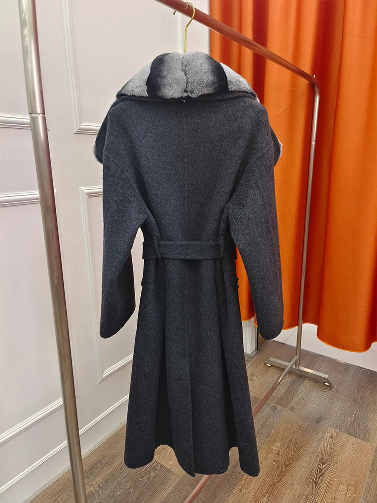 Manteau d'hiver en fourrure véritable pour femme, veste à col en fourrure de lapin Rex naturel, veste longue en laine de cachemire, optique de luxe pour femme