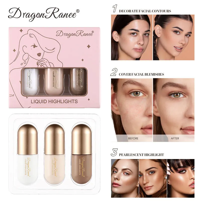 New 3pcs Liquid Highlight Lasting Brighten Skin Tone Moisturize Waterproof Shimmer Shiny Texture Fashion Face Highlight 4.5*3ml