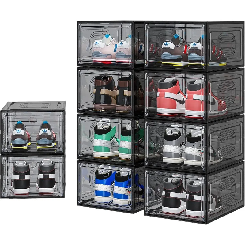 10 Pack Shoe Organizer, Upgrade Sturdy Shoe Boxes Stackable Shoe Storage Containers with Magnetic Door White