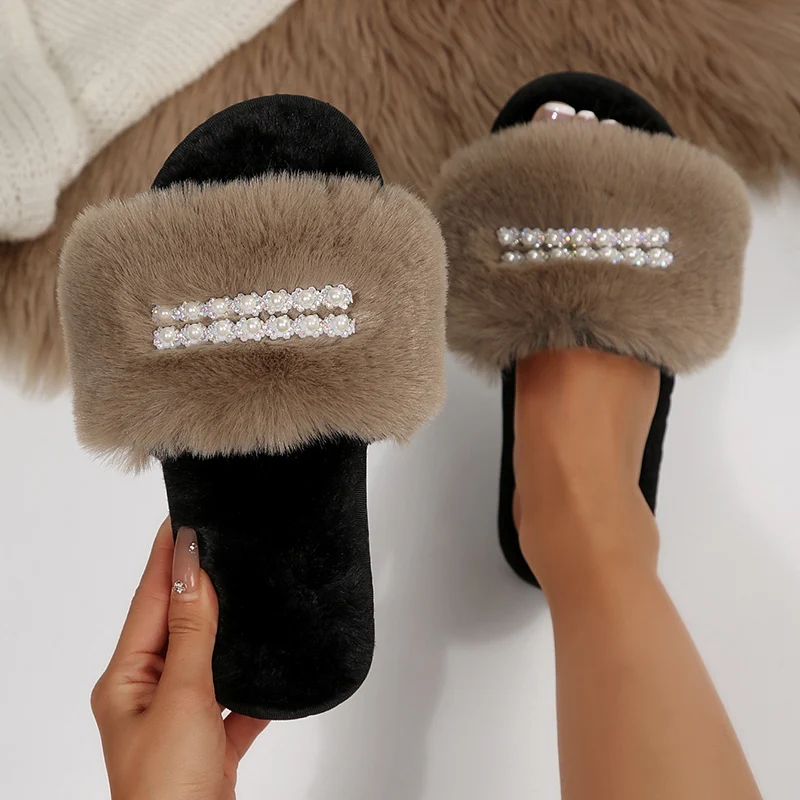 Autumn Winter Open Toe Fluffy Fur Slippers Women Pearls Decor Non Slip Plush Home Slides Woman Comfort Soft Sole Furry Slippers