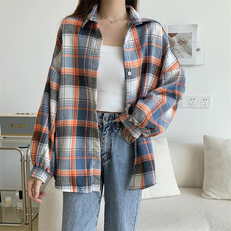 Women Tartan Shirt Long Sleeve Collared Button Up Oversized Plaid Shirt Jacket Grunge Fashion Outfit