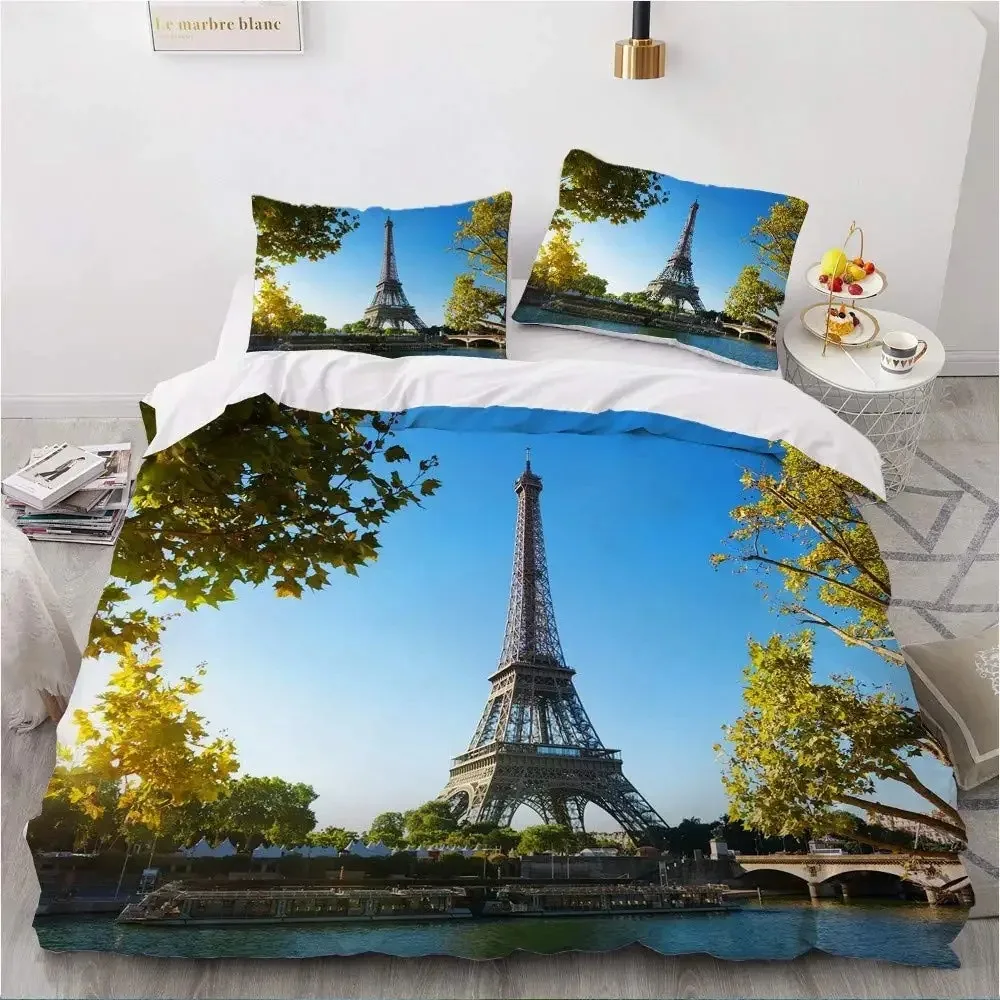 Eiffel Tower Duvet Cover Set King Size Paris Cityscape Twin Bedding Set Modern French Style Polyester Comforter Cover Boys Girls