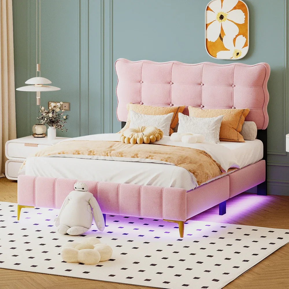 Full Size Upholstered Platform Bed with LED Frame and Stylish Mental Bed Legs Pink Velvet Bed Frame for Bedroom Furniture