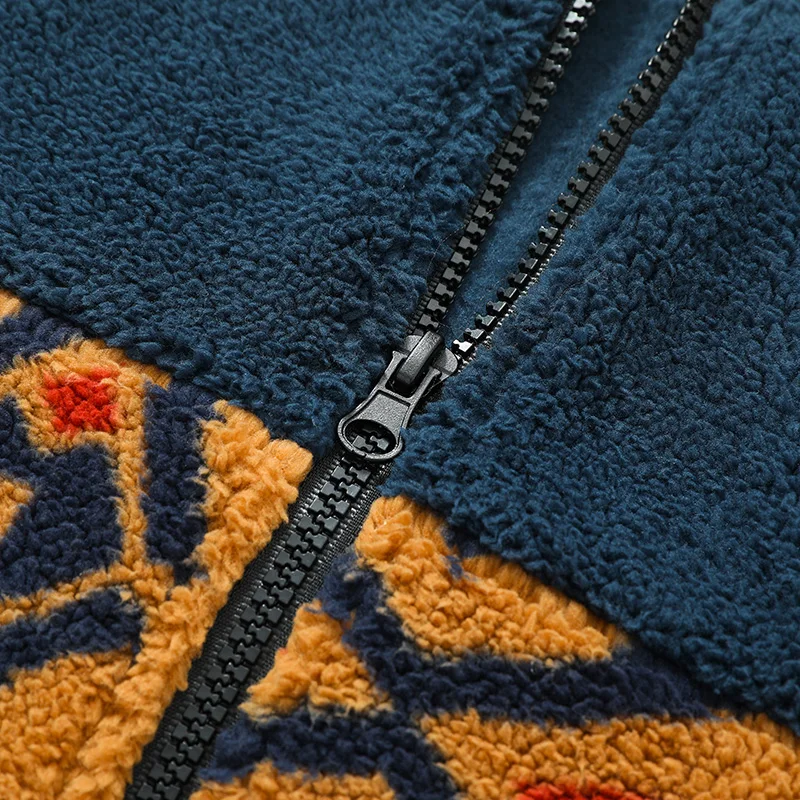 Outono e inverno tendência da moda retro estilo étnico retalhos gola alta jaqueta de lã masculina casual solto casaco à prova de vento