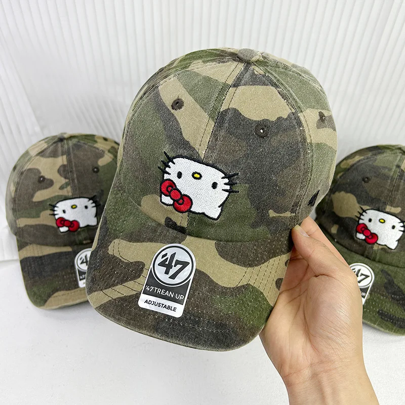 

Hello Kitty Korean Color Blocked Camouflage Cute Cat Baseball Cap For Women Deepened Big Head Circumference Duckbill Cap