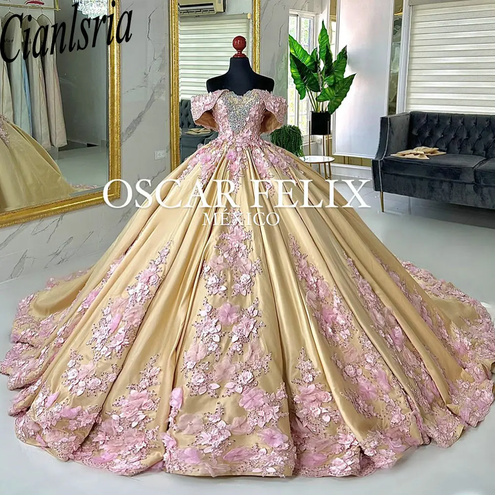 Gold Princess Off The Shoulder Ball Gown Quinceanera Dresses With Pink 3D Flowers Appliques Beading Corset Vestidos De 15 Años