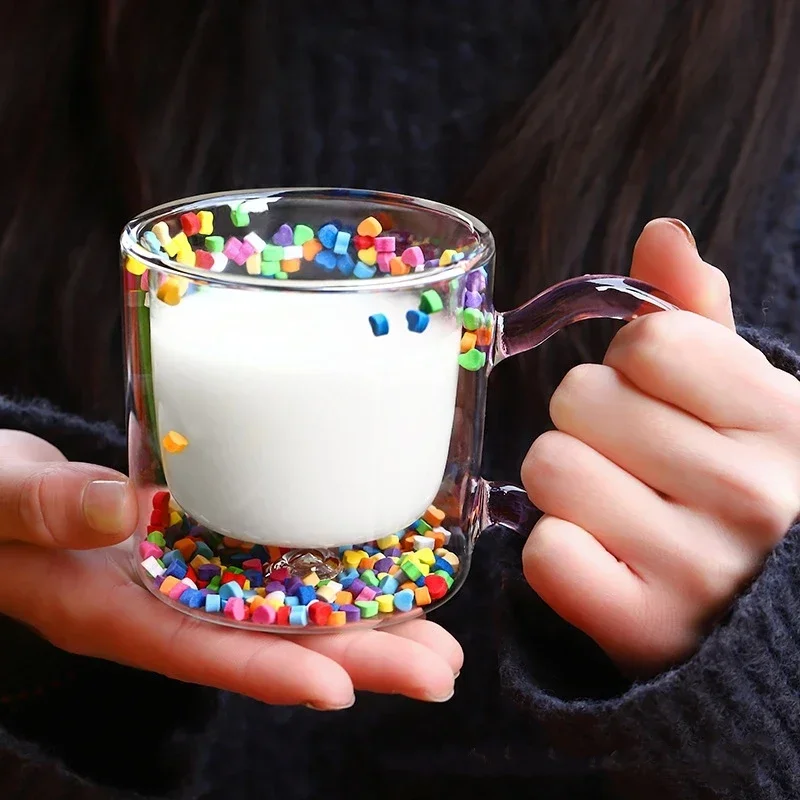 

200ml Multicolor Heart Shaped Quicksand Cup Creative Double Layer Glass Cup Coffee Mug Milk Tea Juice Water Glass Drinkware