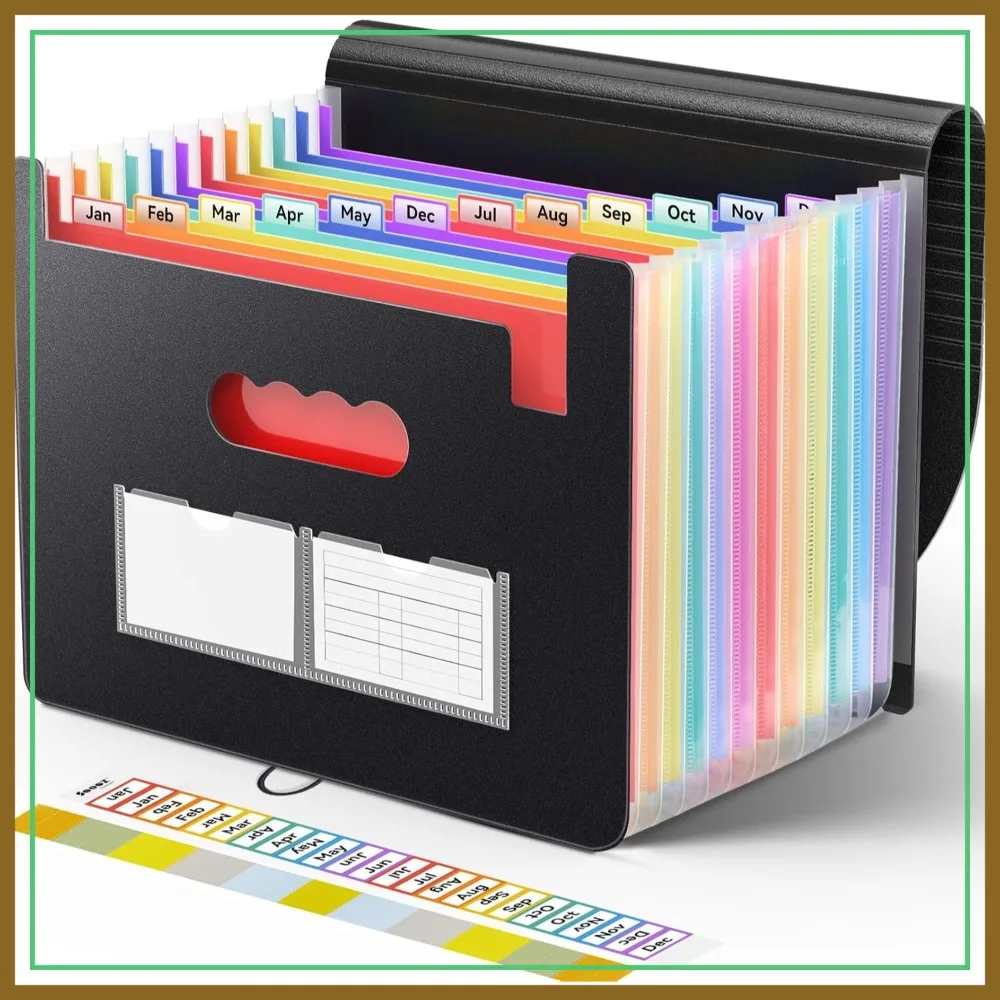 

13 Pockets Expanding File Folder, Accordion Organizer for Bills, Receipts, Documents, Letter A4 Size with Labels, Black