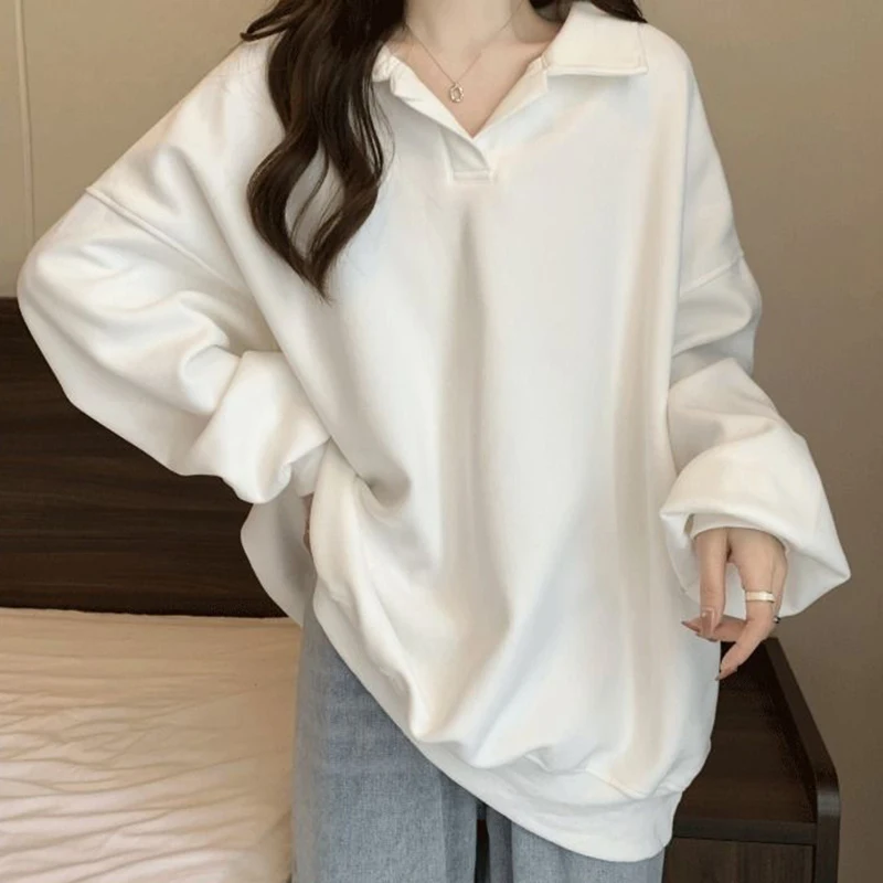 

Fall Long Sleeve Women Polo T Shirts Street Fashion Simple Harajuku 2xl Oversized Clothing Daily Travel Office Black White Khaki