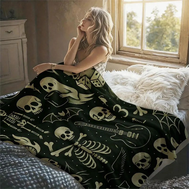 Retro Skeleton Ghost Flannel Blanket Warm Soft Halloween Christmas Decorative Couch Warm Cozy All-Season Gift