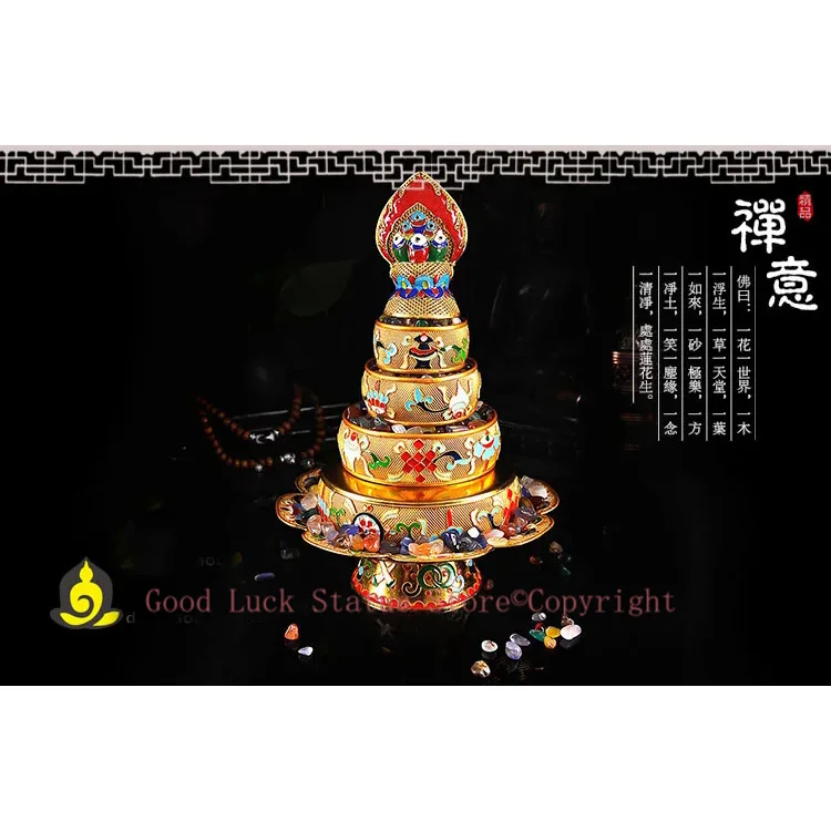 Wholesale Buddhist supplies -Talisman Tibetan 37TH The eight auspicious Manja Mandala disc gilding statue+gemstone