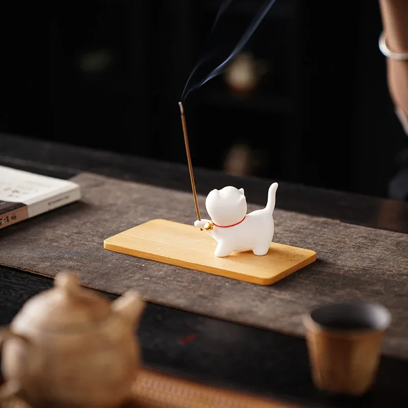 Cute Cat Buddhism Line Incense Plate Incense Burner Stick Holder Sandalwood Coil Base Temples Yoga Studios Home Decoration