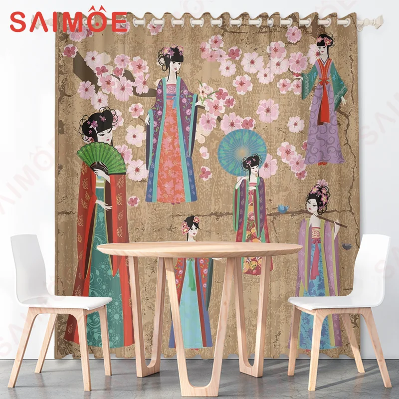 Japanese Cherry Blossom Plants Figure Curtains Solid Color Background Thin Polyester Fabric Office Bedroom Decoration with Hooks