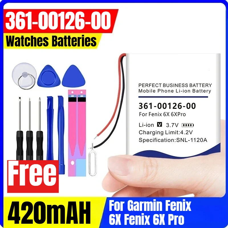 

361-00126-00 3.8V 420mAH Watches Batteries for Garmin Fenix 6X Fenix 6X Pro + Kit Tools