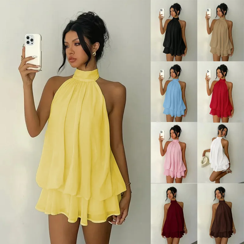 KIDCRKJ Französisches, solides Neckholder-Kleid für Damen, ärmellos, schulterfrei, rückenfrei, A-Linie, Minikleid, Spicy Girl Urlaubskleider