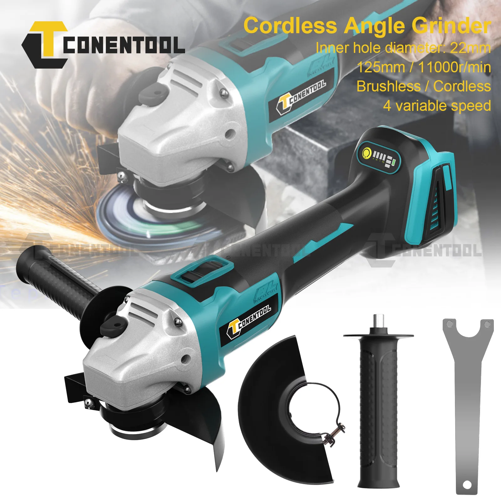 Conentool 125mm Brushless Cordless Angle Grinder Efficient for Makita 18V Battery Tool 11000rpm Rechargeable Battery