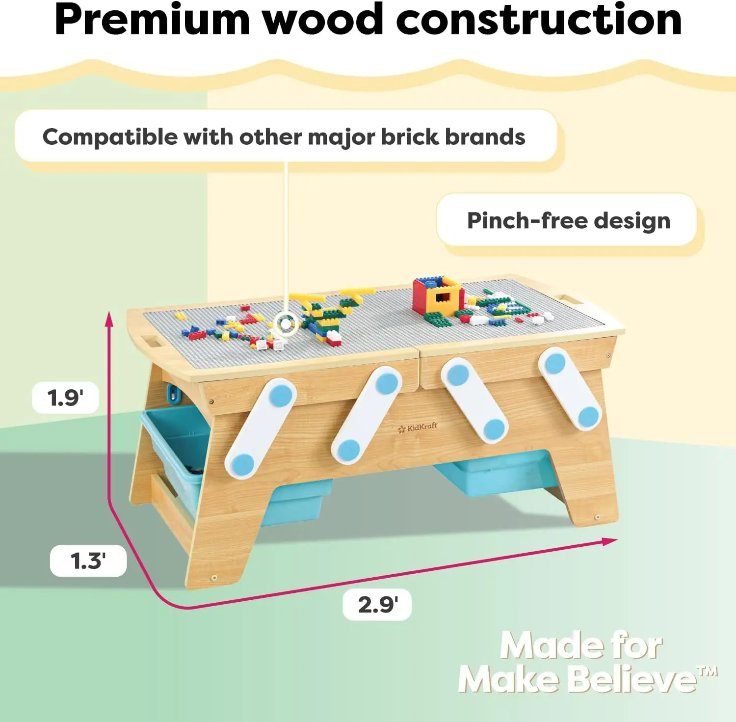 Kidkraft-Juego de bloques de construcción para niños, mesa de madera, almacenamiento de juguetes para niños con contenedores, más de 200 bloques de construcción incluidos, Natural