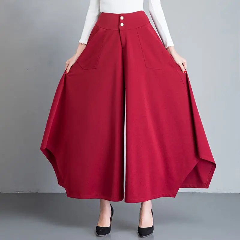 Pantalones de pierna ancha de cintura alta para mujer, pantalón de talla grande Irregular, con botones sencillos, Color sólido, 2022