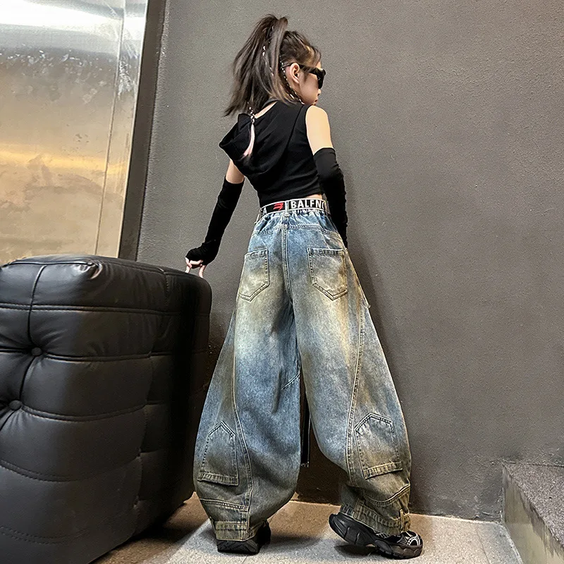 Girls' Jazz Dance Personality Set 2026 Autumn Clothing New Street Dance Belly Button Hoodie Top + Dirty Jeans Set