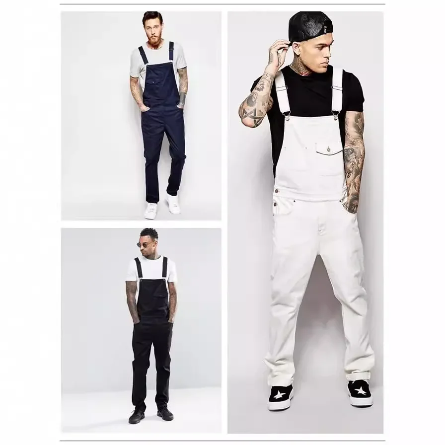Men Stylish Slim Biker Jeans Bib Overalls Jumpsuits jeans Man Streetwear Casual Stretch Ripped Dungarees Male Strap Jeans