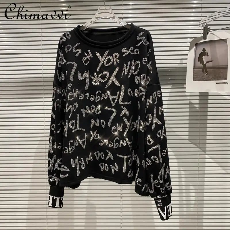 

2021 Spring New Letter Rhinestone Beading Long Sleeve Splicing Pullover Thin Sweater Women's Fashion Streetwear