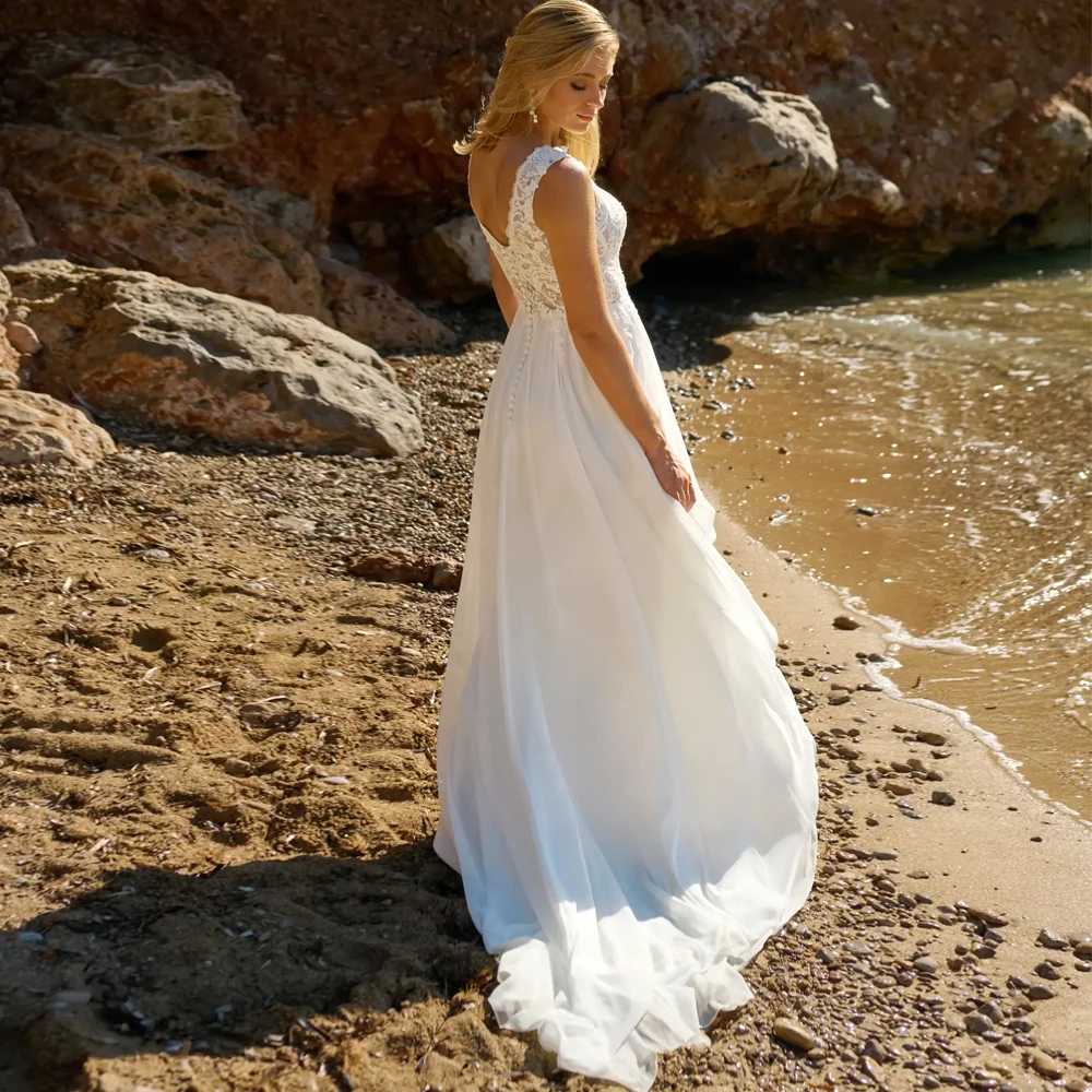 Abiti da sposa sexy con scollo a O Senza maniche da sposa Growns Abiti da sera lunghi fino al pavimento V sul retro Bottone personalizzato in pizzo сassenдебное пла coiе