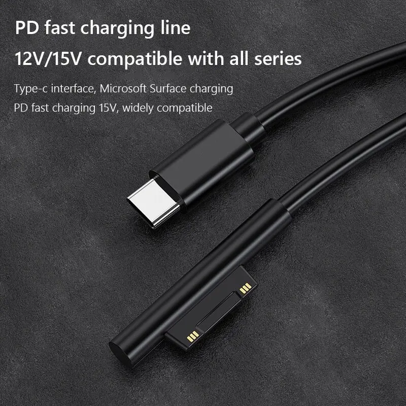 1.5m Type C Power Supply Charger Adapter 65W 15V 3A PD Fast Charging Cable for Microsoft Surface Pro 8/7/6/5/4/3 Book/Book 2