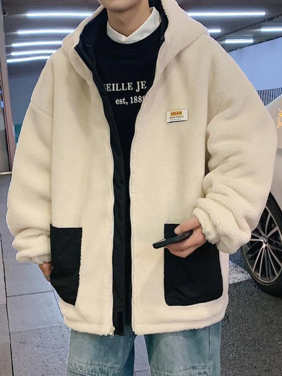 

Двусторонняя одежда Хлопковая куртка с мехом ягненка New Faion Широкое мужское пуховое пальто с капюшоном Молодежное пальто ulari Thiened Long Sve