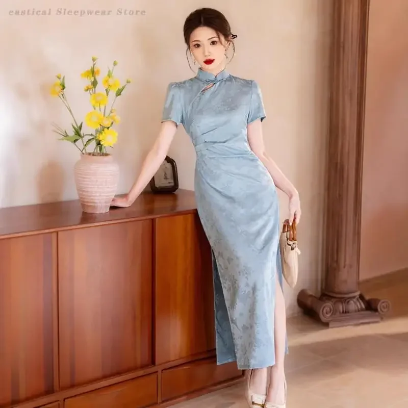 

Young Girl Casual Blue Jacquard Gown Women Elegant Chinese Style Dress 2025 Summer New Qipao Tradition Stand Collar Cheongsam