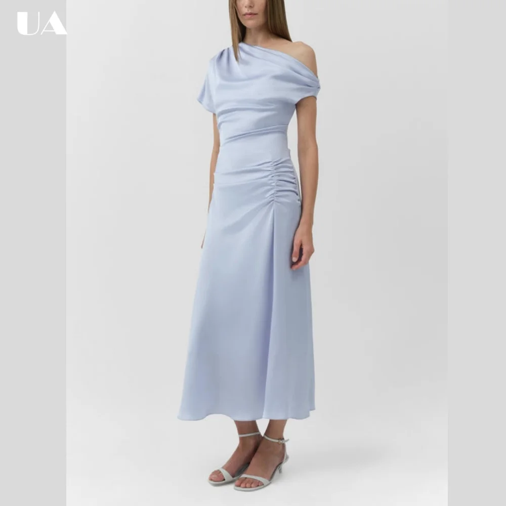 ULBYANRY Customized Satin Shirring Long Dress for Women Elegant Diagonal Collar Evening Dress Classy Solid Wedding Guest Dress